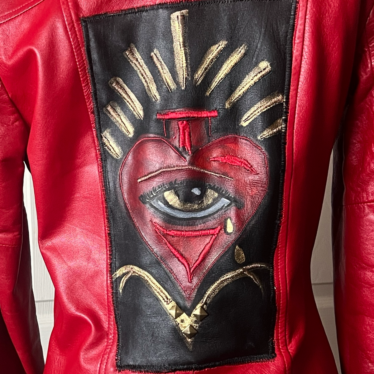Vintage Red Leather Jacket with Hand Painted Heart