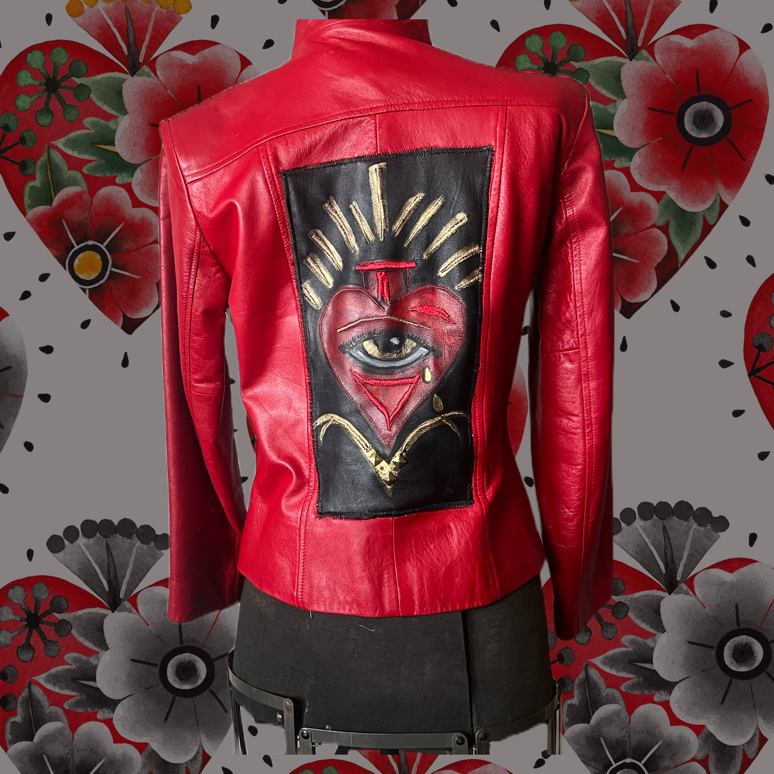 Vintage Red Leather Jacket with Hand Painted Heart – Blackbird Art 